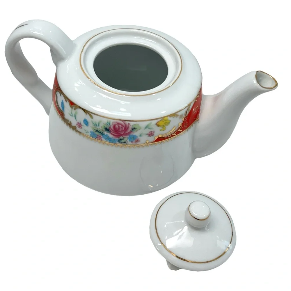 TIGER YEDI WHITE PORCELAIN RED/ORANGE FLORAL TEAPOT